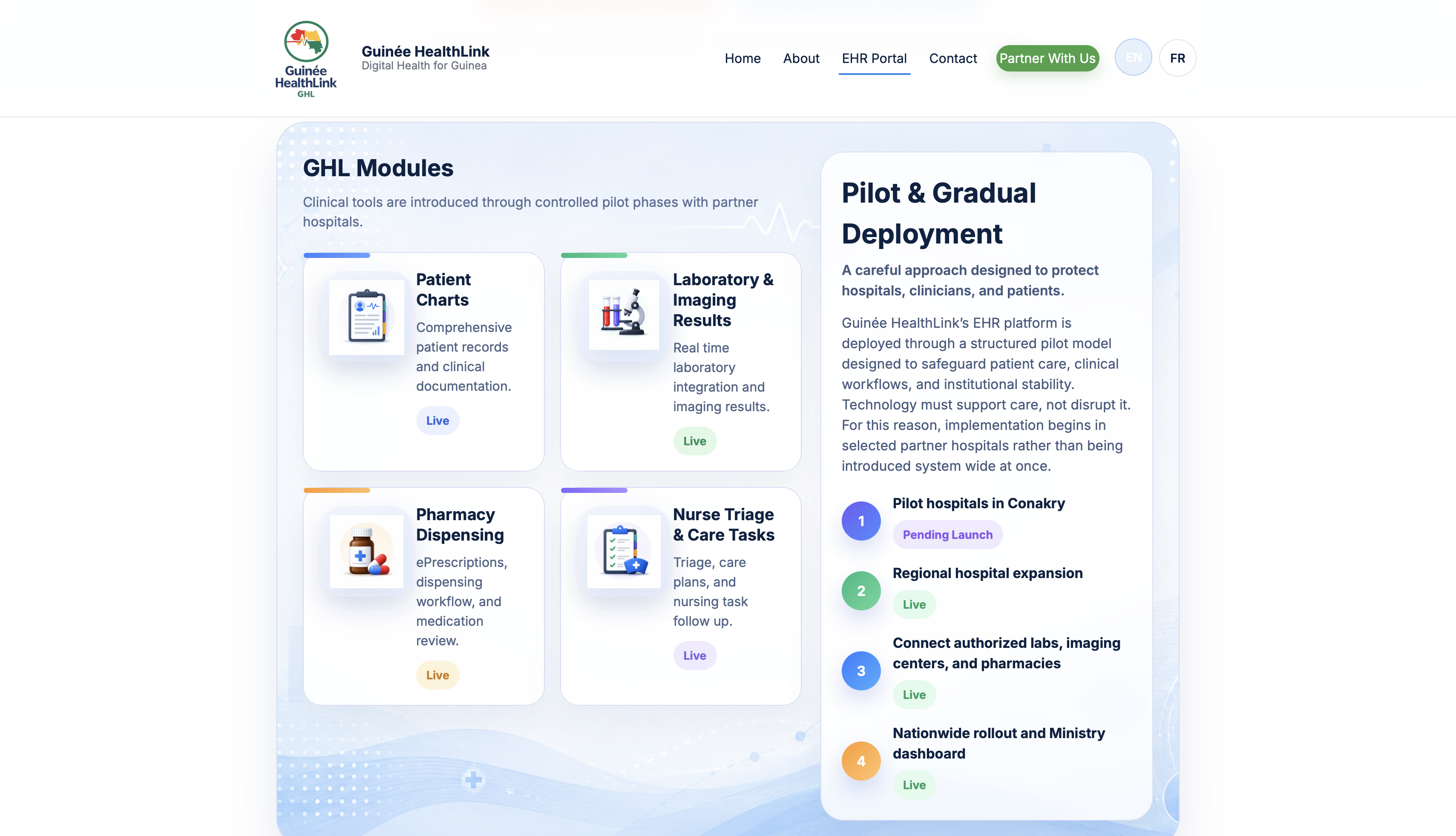Guinée HealthLink EHR modules and deployment webpage